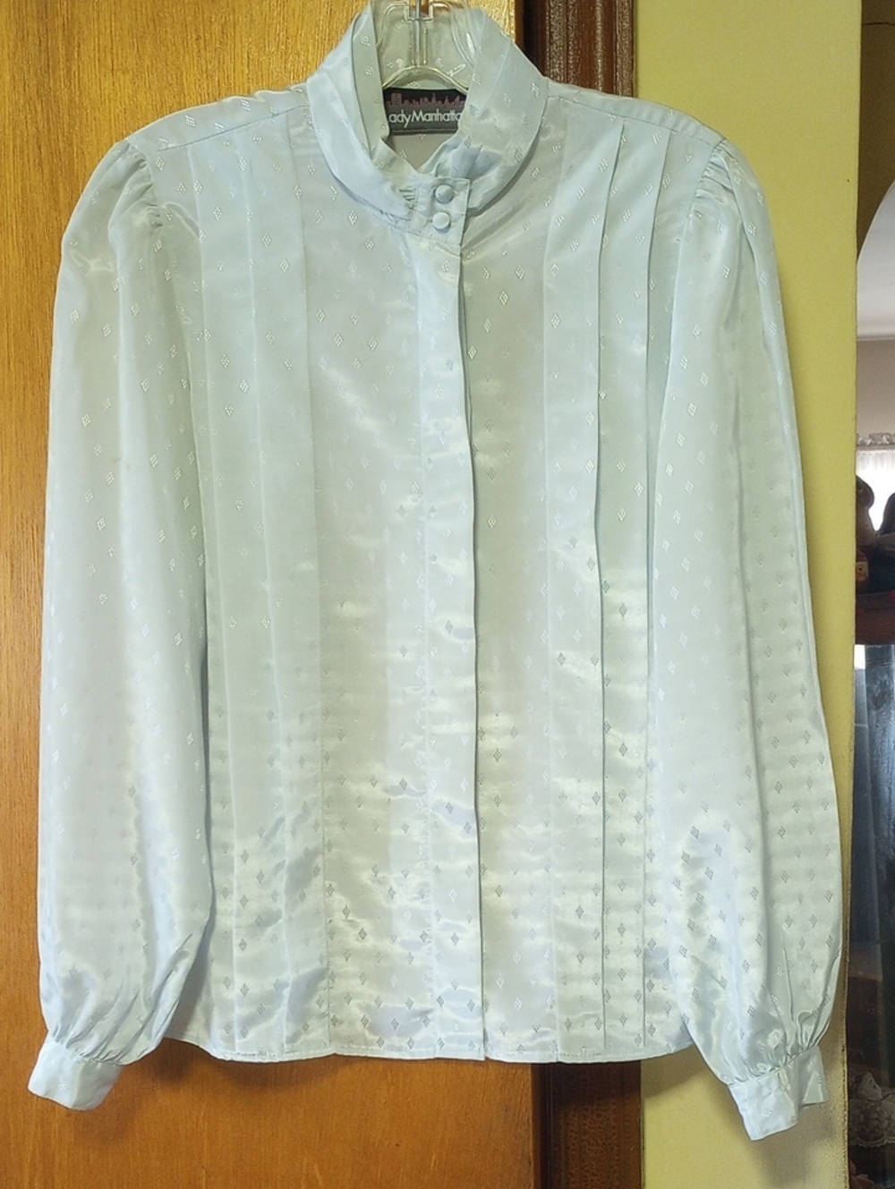 Lady Manhattan Classic Modest Polyester Blouse, Light Gray/White/Metallic Silver